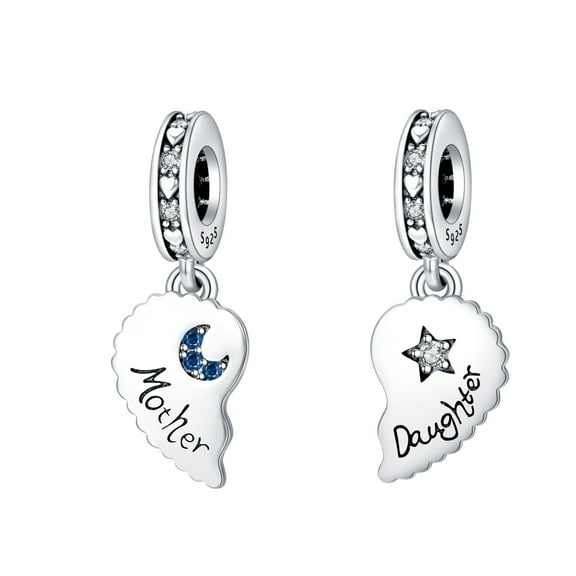 ROSIANNA 925 Sterling Silver Charm for Bracelets Mother Daughter Split Heart Dangle Charms Women Bracelet Charm