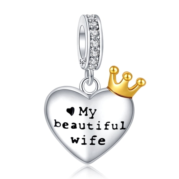 ROSIANNA 925 Sterling Silver Charm for Bracelets My Beautiful Wife Crown Dangle Charm Women Bracelet Charm