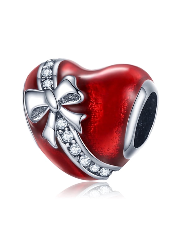 925 Sterling Silver Charm for Bracelets Red Heart Gift With Ribbon Bow Charms Women Bracelet Charm