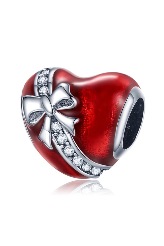 925 Sterling Silver Charm for Bracelets Red Heart Gift With Ribbon Bow Charms Women Bracelet Charm