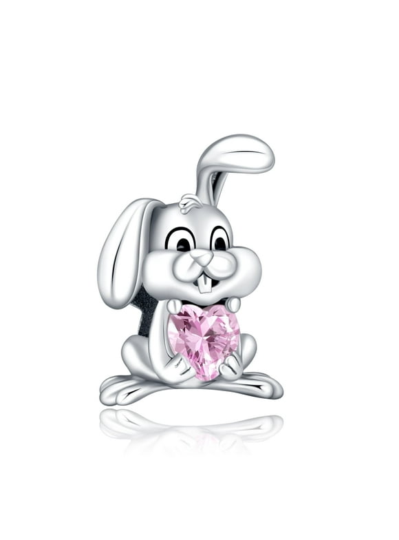 925 Sterling Silver Charm for Bracelets Solid Rabbit Pink Heart Stone Bead Charms Women Bracelet Charm Gift