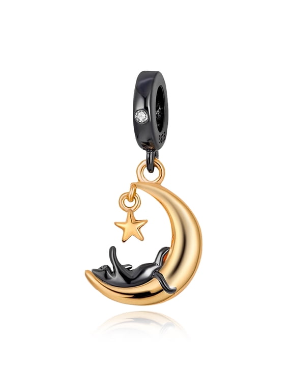 925 Sterling Silver Charm for Bracelets Women Silver Black Cat Gold Moon Dangle Charm Necklace Pendant Gifts