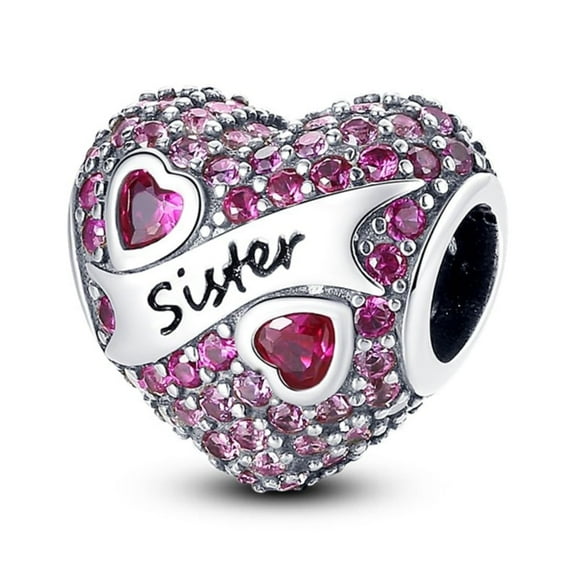 925 Sterling Silver Charm for Bracelets Women Silver Sister Heart Stone Paved Heart Charm Necklace Pendant Girl Gifts
