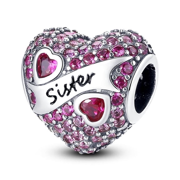 ROSIANNA 925 Sterling Silver Charm for Bracelets Women Silver Sister Heart Stone Paved Heart Charm Necklace Pendant Girl Gifts