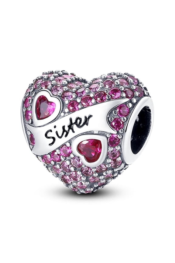 925 Sterling Silver Charm for Bracelets Women Silver Sister Heart Stone Paved Heart Charm Necklace Pendant Girl Gifts