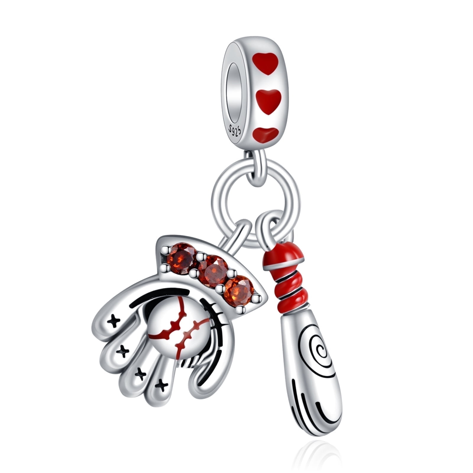 925 Sterling Silver Charm for Bracelets Baseball Glove Bat Heart