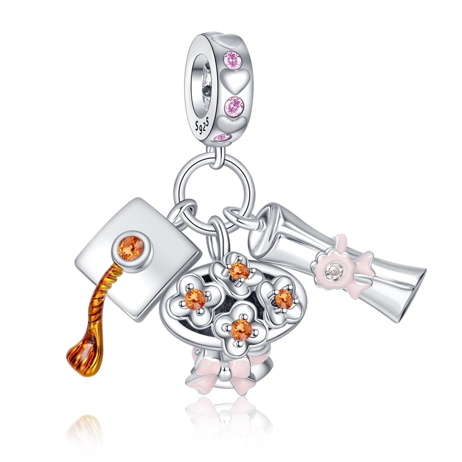 925 Sterling Silver Charm for Bracelets Graduation Dangle Flower Hat ...