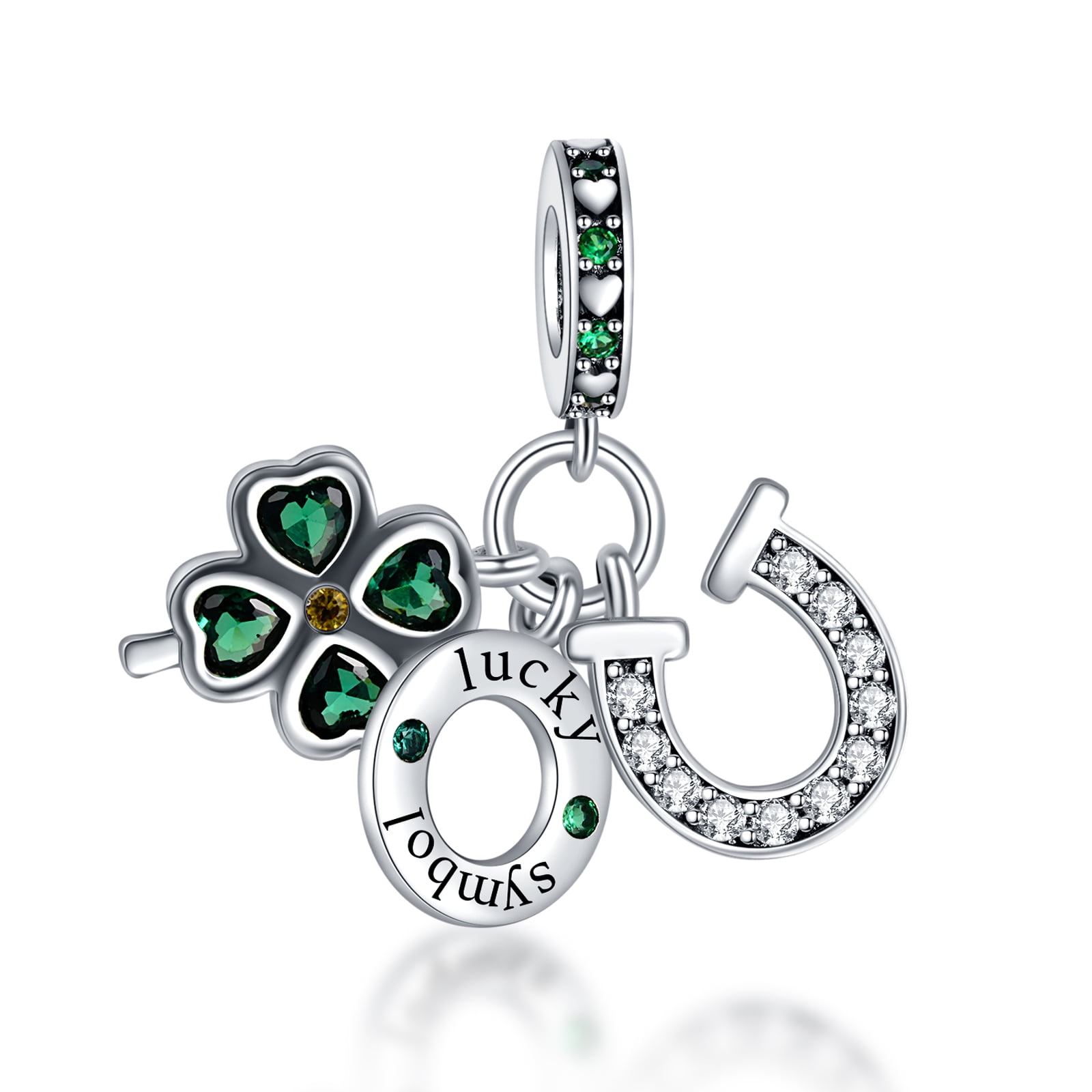 ANNMORS 925 Sterling Silver Charm for Pandora Bracelets Green Lucky Horseshoe Four Leaf Clover Charm Women Bracelet Charm