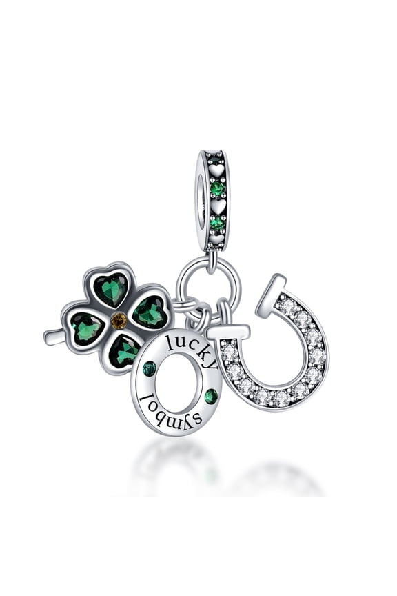 925 Sterling Silver Charm for Bracelets Green Lucky Horseshoe Four Leaf Clover Charm Women Bracelet Charm