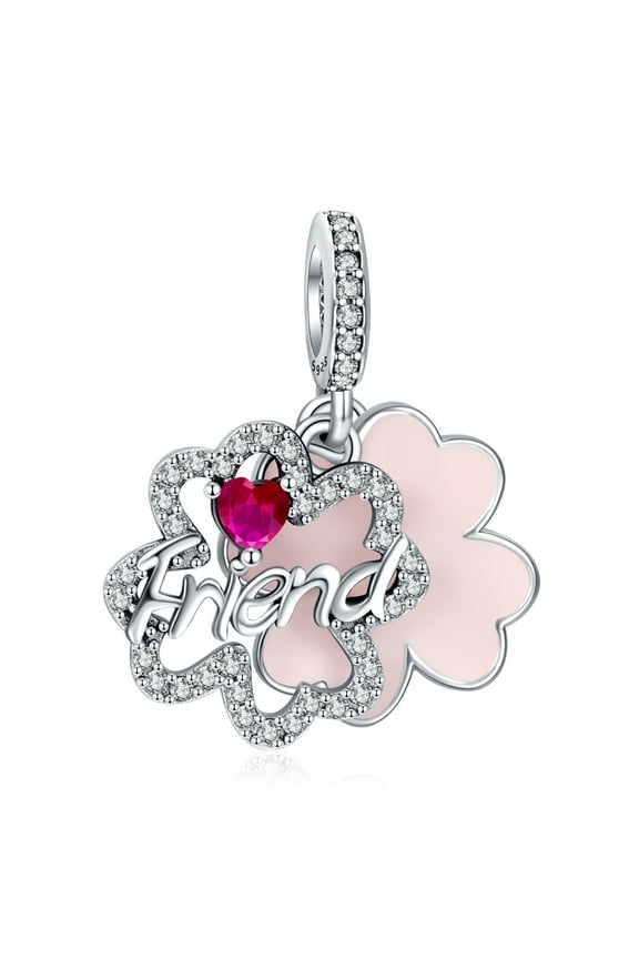 925 Sterling Silver Charm for Bracelets Lucky Four Leaf Clover Friendship Ruby Charm Women Bracelet Charm