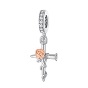 ROSIANNA 925 Sterling Silver Charm for Bracelets Rose Flower Cross Dangle Charms Women Bracelet Charm