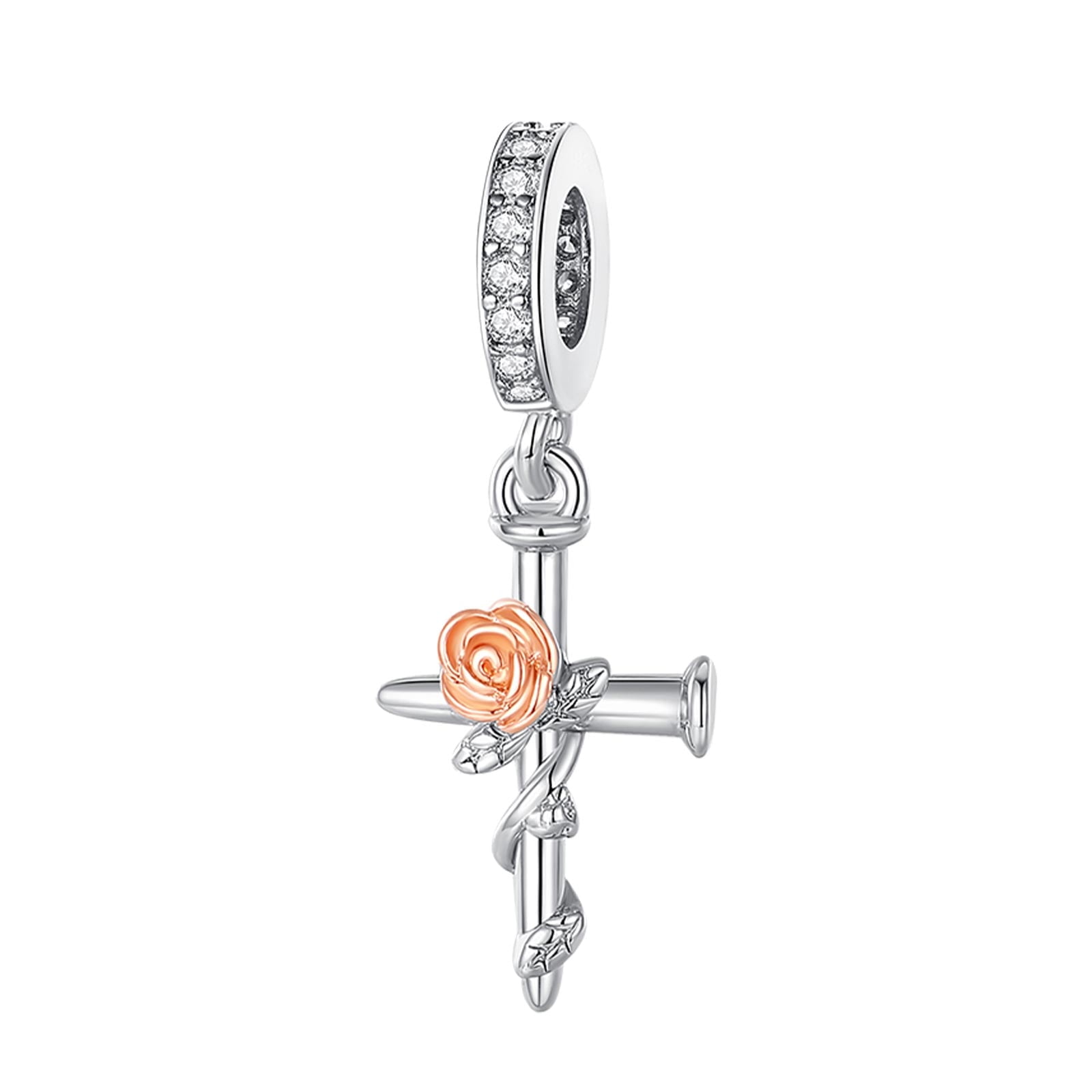 ROSIANNA 925 Sterling Silver Charm for Bracelets Rose Flower Cross Dangle Charms Women Bracelet Charm