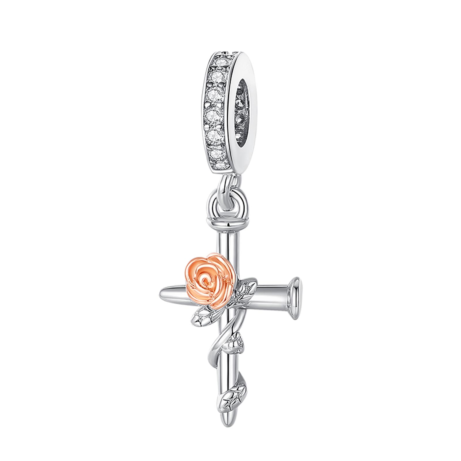ROSIANNA 925 Sterling Silver Charm for Bracelets Rose Flower Cross Dangle Charms Women Bracelet Charm