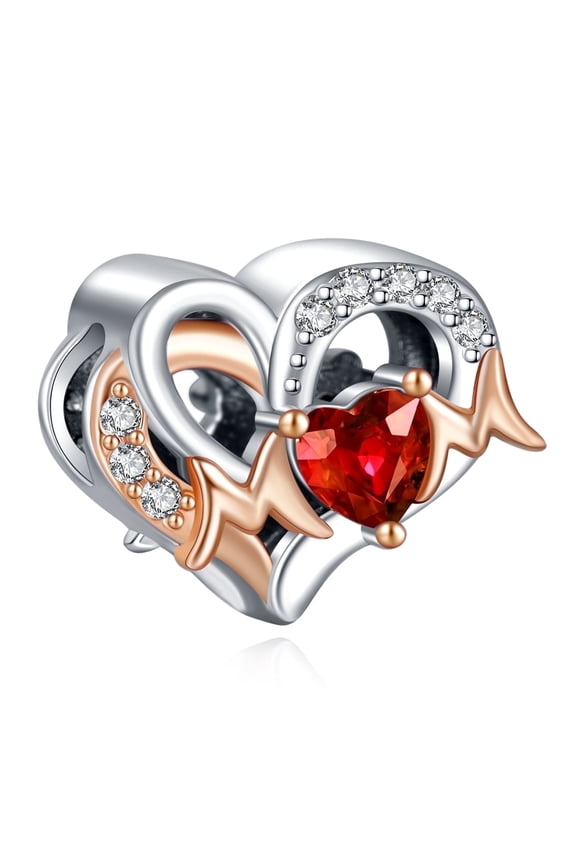 925 Sterling Silver Charm for Bracelets Rose Gold Mothers Day Heart Ruby Charm Women Bracelet Charm