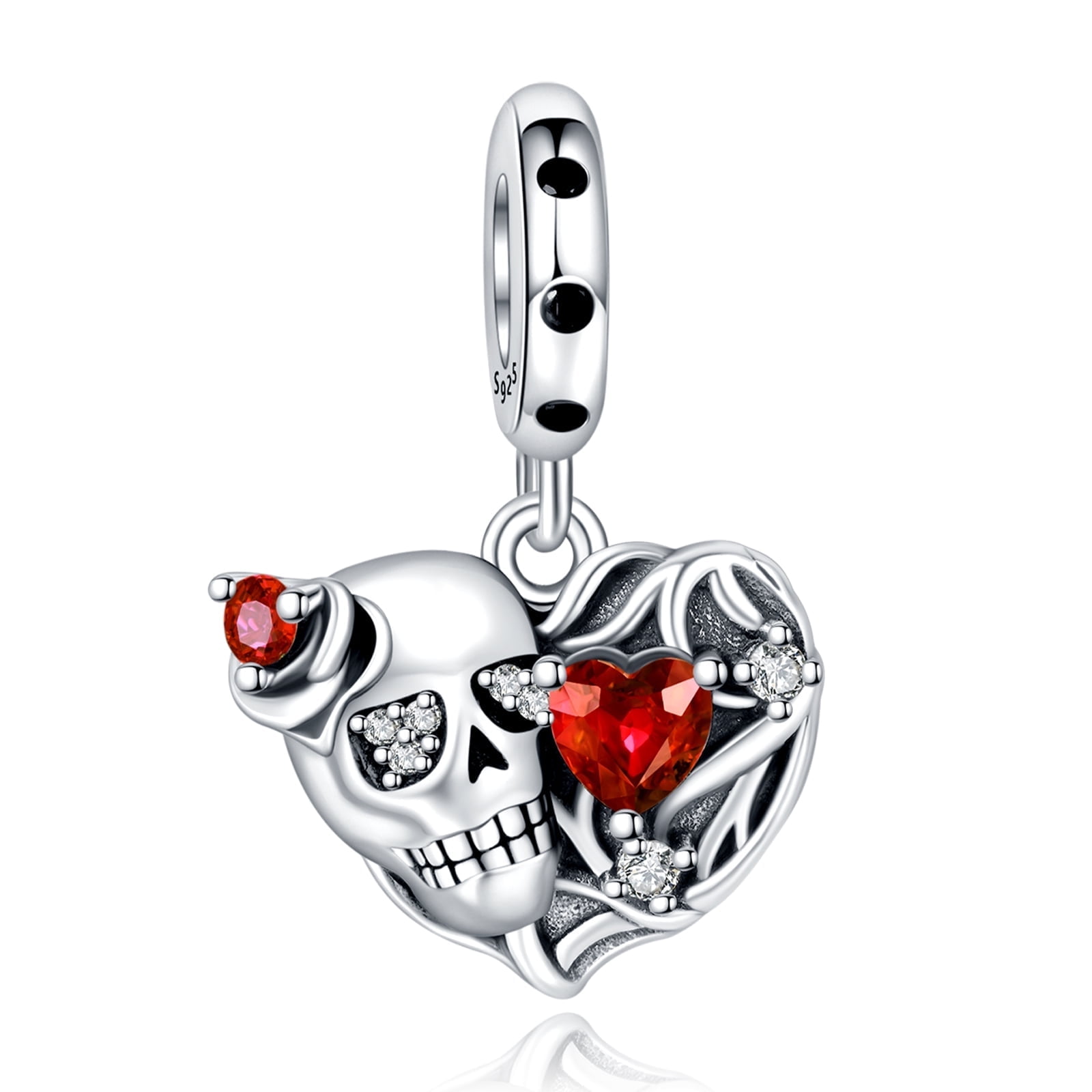 ROSIANNA 925 Sterling Silver Charm for Pandora Bracelets Skull Heart Ruby Pendant Charm Women Bracelet Charm