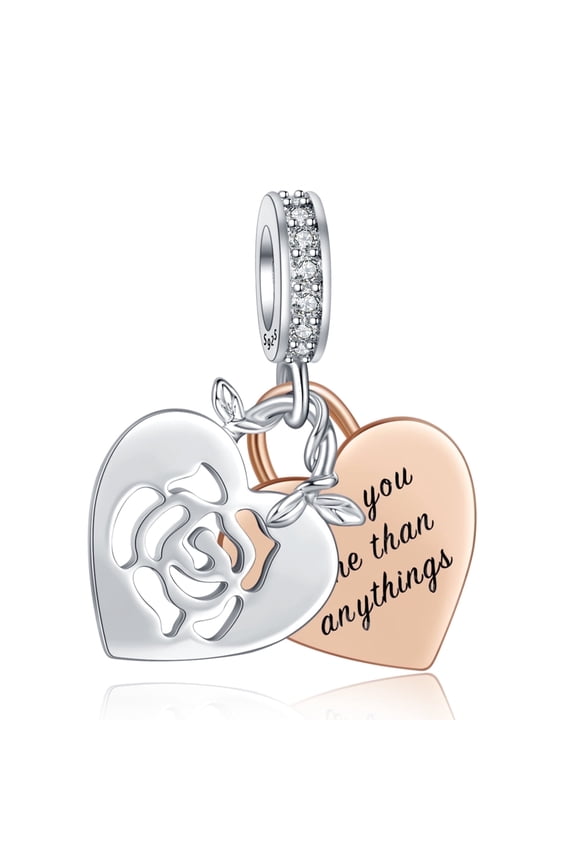 925 Sterling Silver Charm for Bracelets Two Tone Rose Gold Heart Dangle Charm Women Bracelet Charm