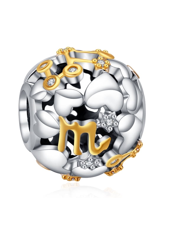 925 Sterling Silver Charm for Bracelets Two Tone Zodiac Sign Openwork Bead Charms Women Girl Holiday Gifts