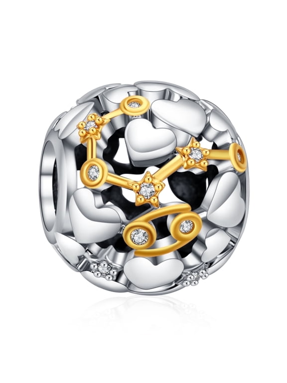 925 Sterling Silver Charm for Bracelets Two Tone Zodiac Sign Openwork Bead Charms Women Girl Holiday Gifts