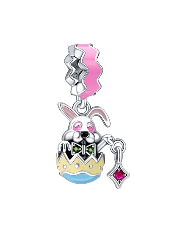 925 Sterling Silver Charm for Bracelets Women Easter Rabbit & Egg Dangle Charms Necklace Gifts
