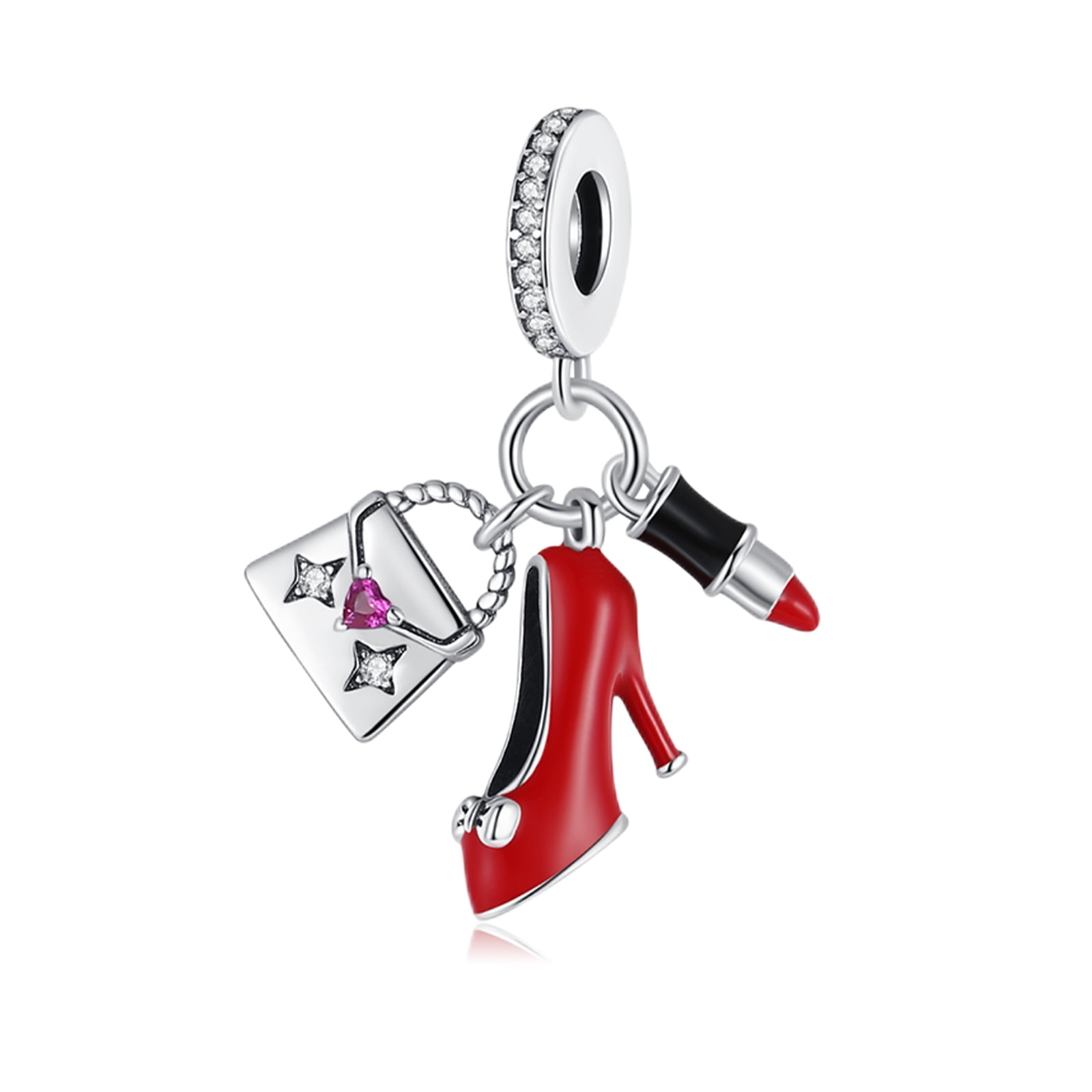 ROSIANNA 925 Sterling Silver Charm for Bracelets Women Red Heels Lipstick Shopping Bag Dangle Charm Necklace Pendant Gifts