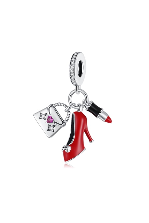 925 Sterling Silver Charm for Bracelets Women Red Heels Lipstick Shopping Bag Dangle Charm Necklace Pendant Gifts