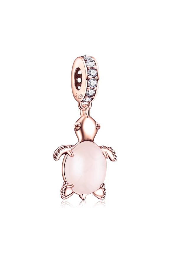 925 Sterling Silver Charm for Women Bracelet Rose Gold Sea Turtle Pink Stone Dangle Charm Necklace Pendant