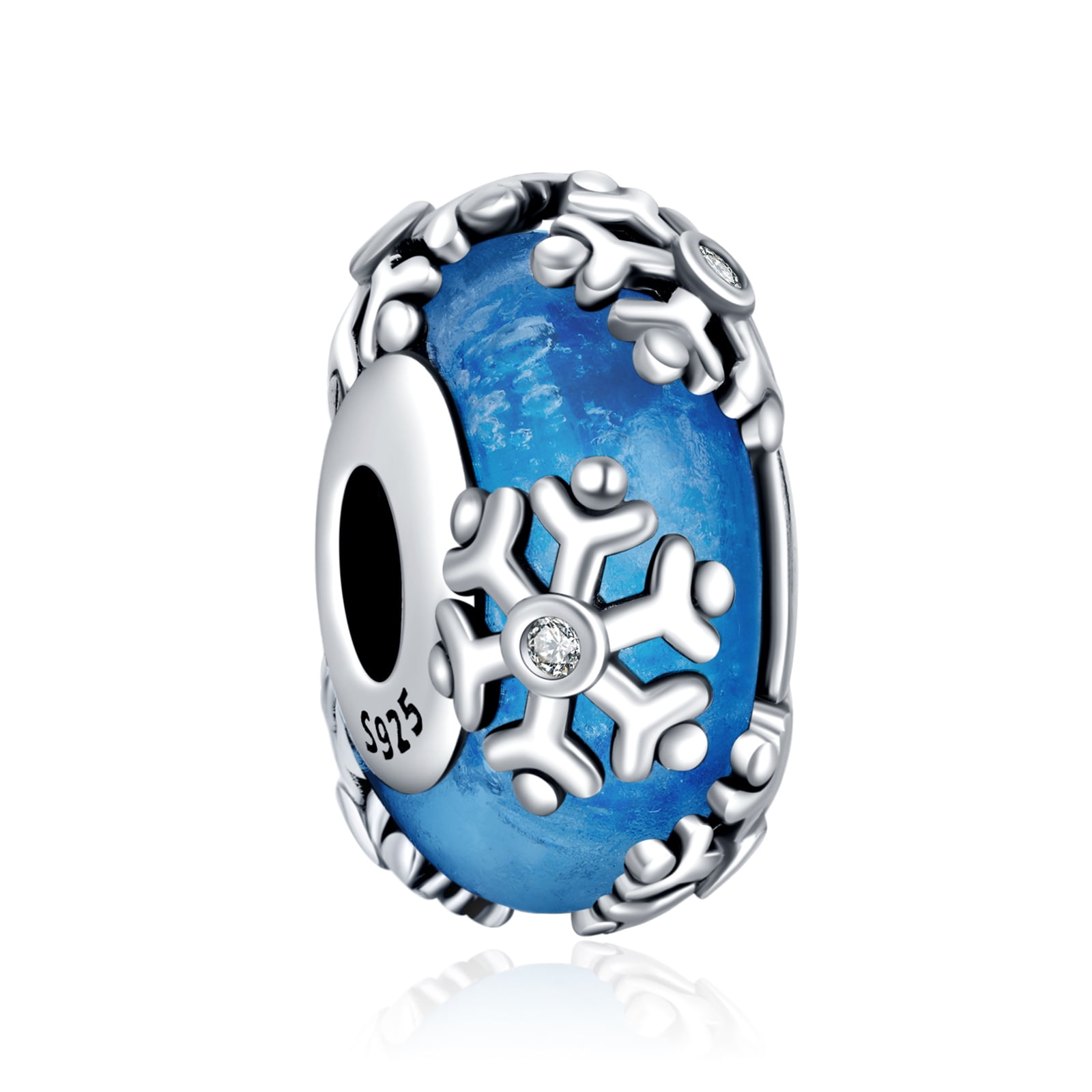 AMUEFER 925 Sterling Silver Charm for Women Bracelets Necklace Blue Murano Glass Bead Snowflake Charms Women Bracelet Charm