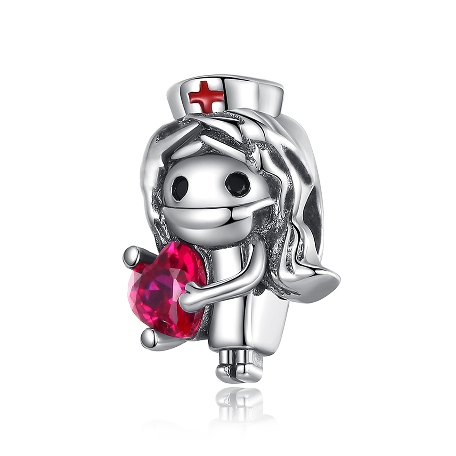 AMUEFER 925 Sterling Silver Charm for Women Bracelets Necklace Nurse and Ruby 5A Cubic Zirconia Valentine Nurses Day Gift Charms for Women Girls