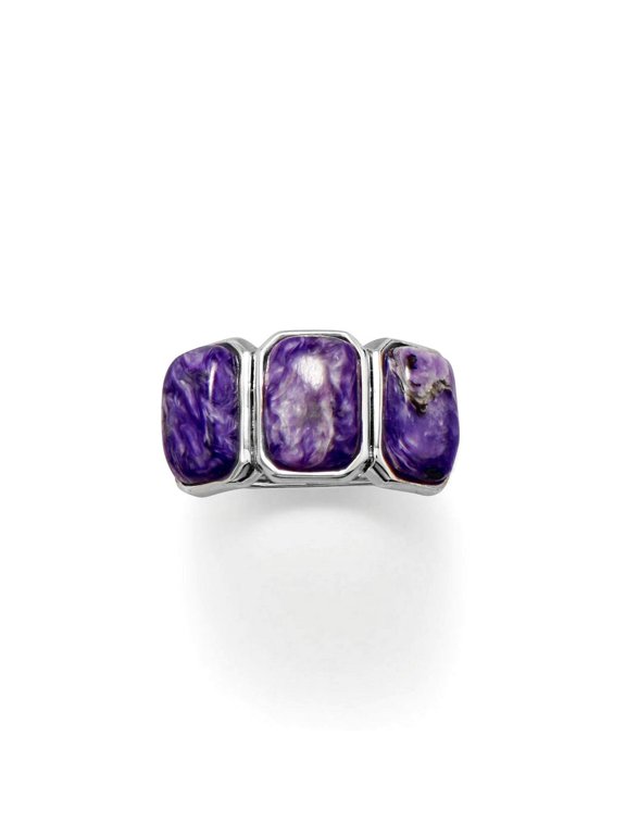 925 Sterling Silver Charoite Ring Three Rectangle Stones 10mm X 7mm Band Graduates From 7mm-3mm Ring for Women and Men