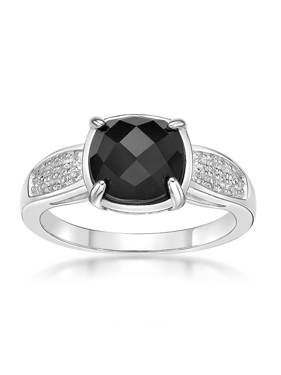 925 Sterling Silver Checkered Cushion Black Onyx Ring With White Topaz Rare Gift