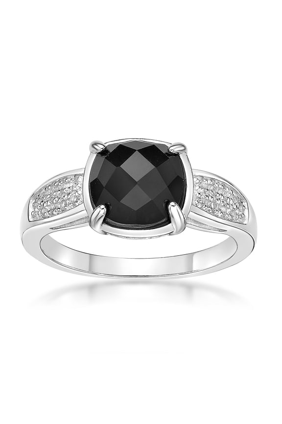 925 Sterling Silver Checkered Cushion Black Onyx Ring With White Topaz Rare Gift
