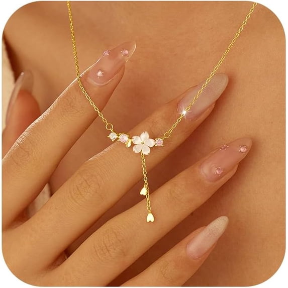 925 Sterling Silver Cherry Blossom Necklace for Women Graduation Pink Jewelry 14K Gold Plated Cute Birth Month Enamel Flower Pendant Necklace Floral Artificial Stone Pearl Chain