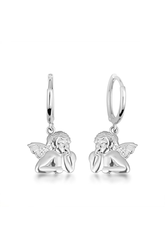 .925 Sterling Silver Cherub Angel Drop Huggie Hoop Earrings