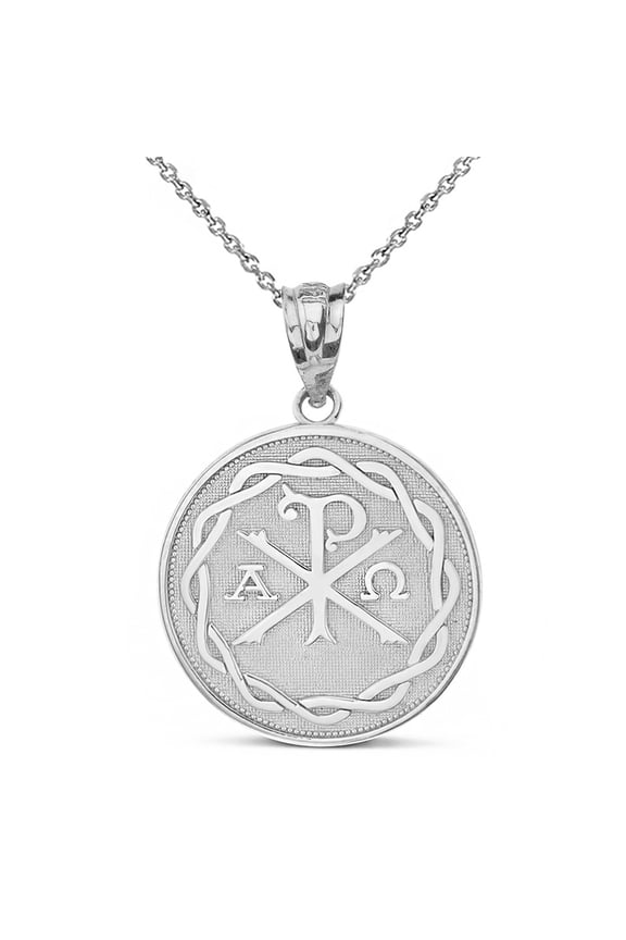 925 Sterling Silver Christian Chi Rho Alpha and Omega Symbol Beaded Medallion Pendant Necklace (22 Inches)
