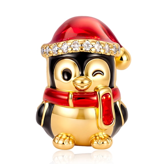 925 Sterling Silver Christmas Penguin Charm Red Santa Hat Winking Bead Pendant for Bracelets Necklaces Jewelry Gift for Women Wife Friend
