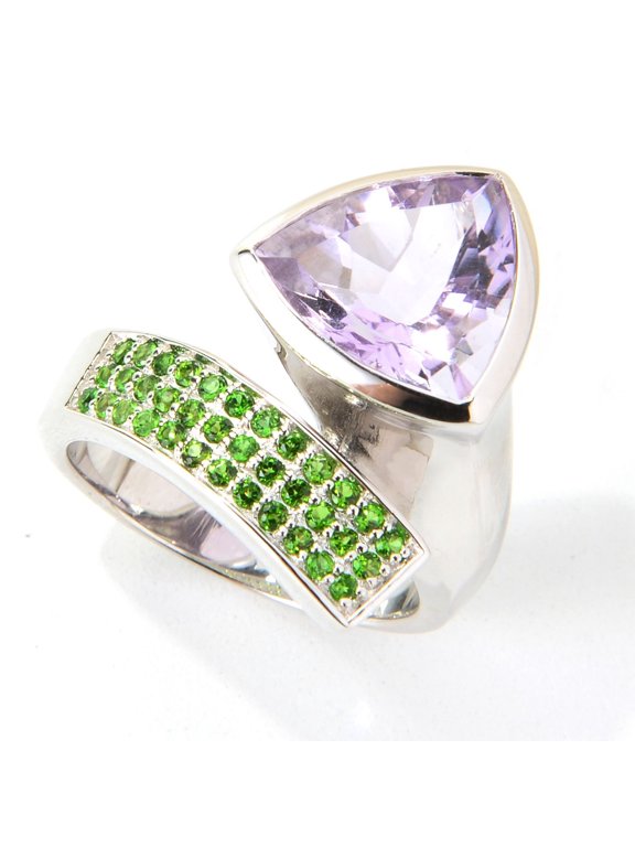 925 Sterling Silver Chrome Diopside, Pink Amethyst Ring