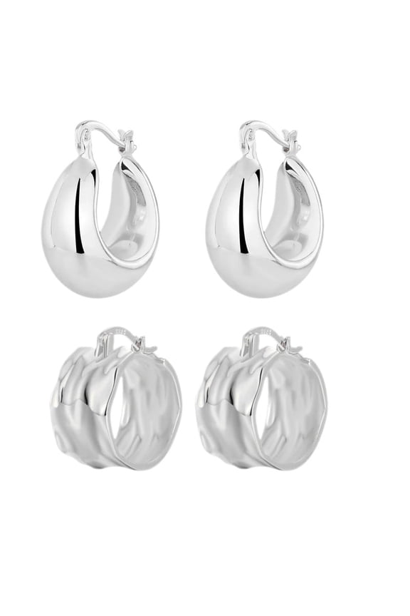 925 Sterling Silver Chunky Hoop Earrings for Women, Hammered & Smooth Thick Wide Hypoallergenic Hoops, Lightweight Everyday Huggie Earrings Jewelry(2Pairs)