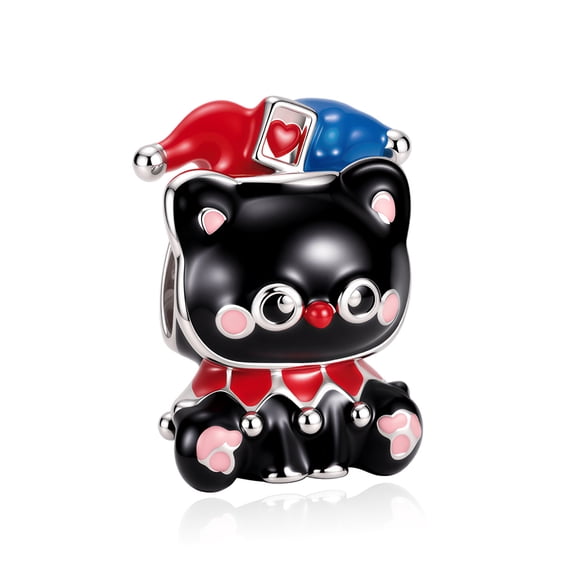 925 Sterling Silver Circus Black Cat Charm, Festive Jester Holiday Bead Jewelry Gift for Women