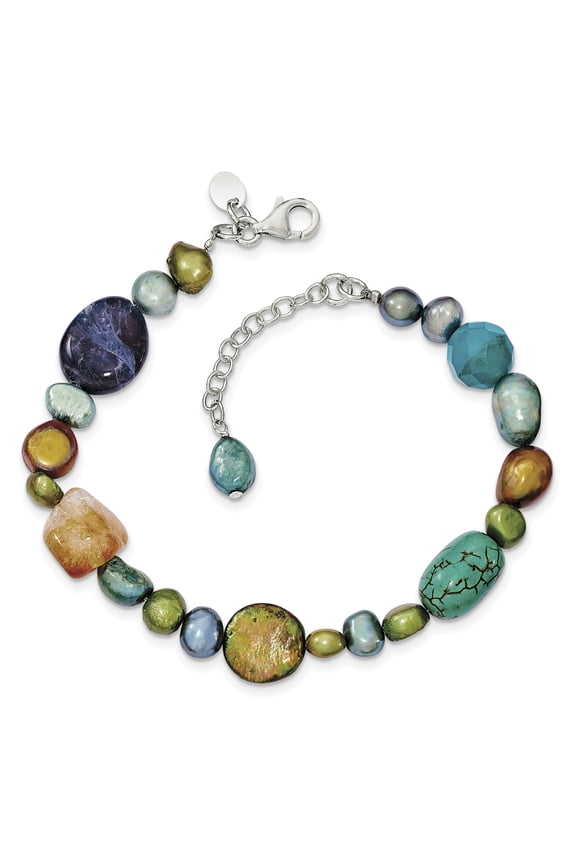 925 Sterling Silver Citrine, Lapis, Agate, Howlite, Freshwater Cultured Pearl Bracelet