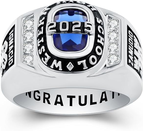 925 Sterling Silver Class Rings Cubic Zirconia Birthstone Rings Class Rings for Men High School Personalized Custom Rings Men's Class Rings Size 5-15 Graduation Rings for Men