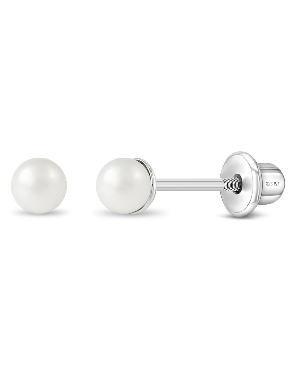 925 Sterling Silver Classic 3mm White Simulated Pearl Toddler Earrings Baby
