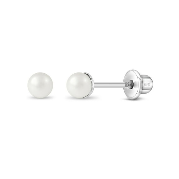 925 Sterling Silver Classic 3mm White Simulated Pearl Toddler Earrings Baby