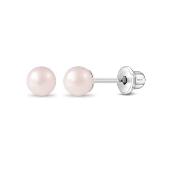 925 Sterling Silver Classic 4mm Pink Simulated Pearl Toddler Earrings Baby Girls