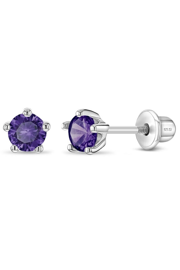 925 Sterling Silver Classic 4mm Simulated Amethyst Prong Set Girls Screw Backs