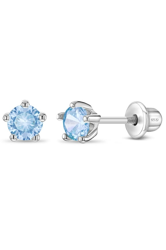 925 Sterling Silver Classic 4mm Simulated Aquamarine Prong Set Girls Screw Backs