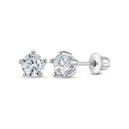 925 Sterling Silver Classic 4mm Simulated Diamond Prong Set Girls Screw Backs