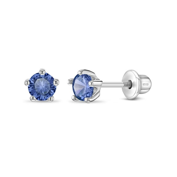925 Sterling Silver Classic 4mm Simulated Sapphire Prong Set Girls Screw Backs