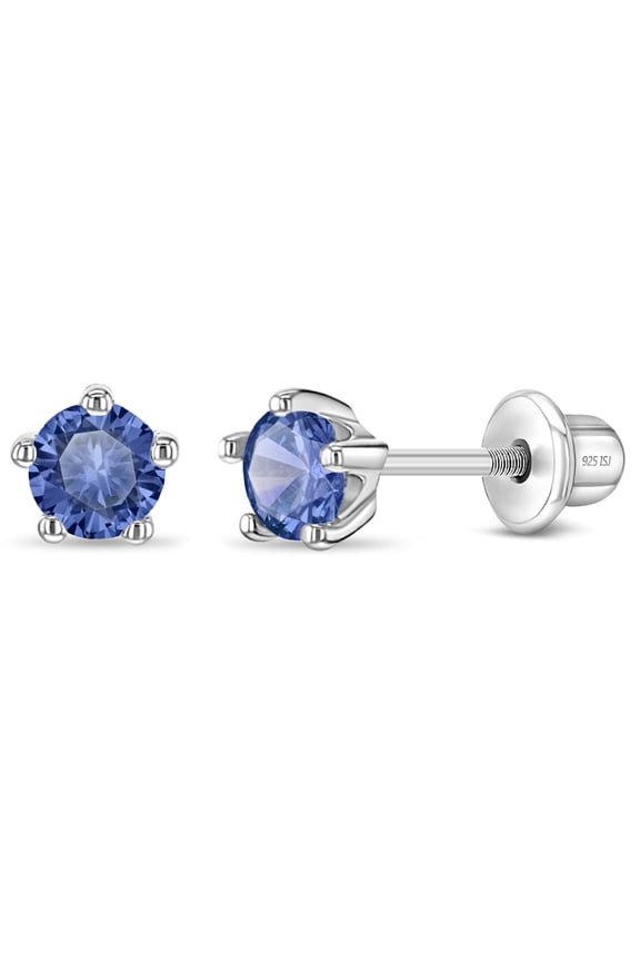 925 Sterling Silver Classic 4mm Simulated Sapphire Prong Set Girls Screw Backs