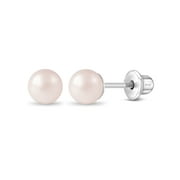 IN SEASON JEWELRY 925 Sterling Silver Classic 5mm Pink Simulated Pearl Girls Earrings Toddler