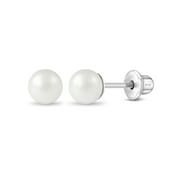 925 Sterling Silver Classic 5mm White Simulated Pearl Toddler Earrings Baby